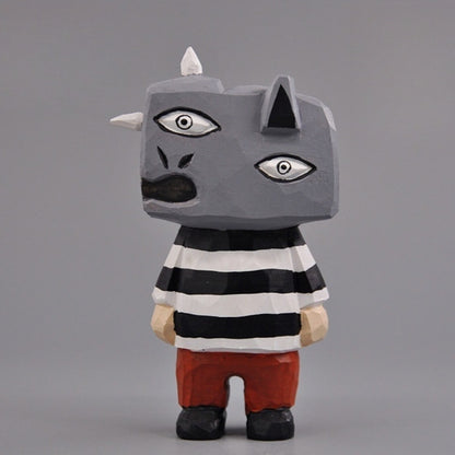 Front view of full-body Guernica-inspired wooden figure standing upright.