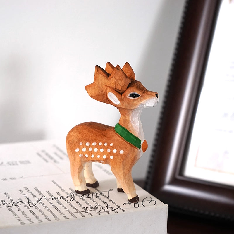 Hand-Carved Wooden Reindeer Figurines for Christmas
