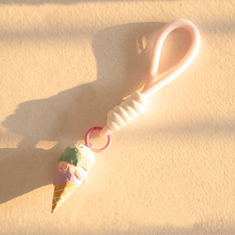 Ice cream wooden keychain with pink cord strap