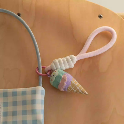 Ice cream wooden keychain with pink strap