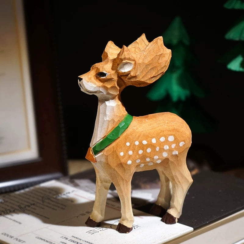 Large wooden Sika deer figurine in side view with broad angular antlers