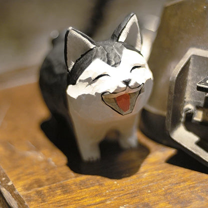Laughing wooden Husky with short legs and black, gray, and white markings