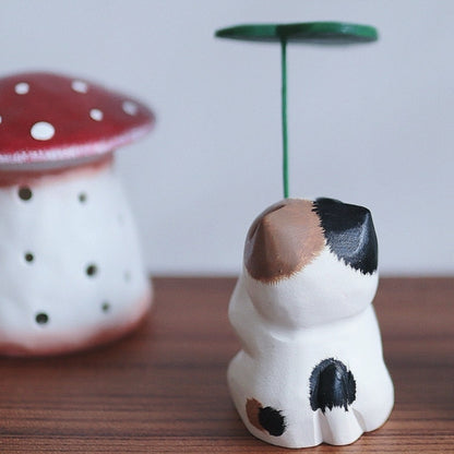 Leaf Umbrella Cat Wooden Figurine