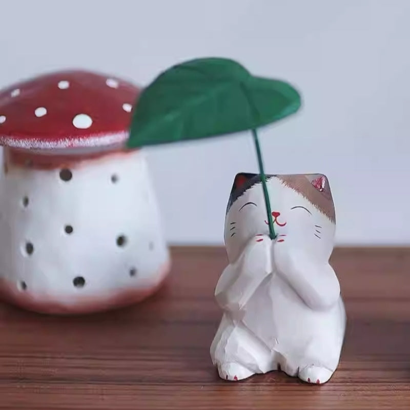 Leaf Umbrella Cat Wooden Figurine