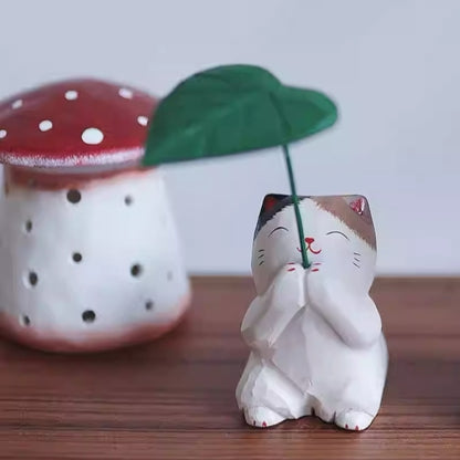 Leaf Umbrella Cat Wooden Figurine