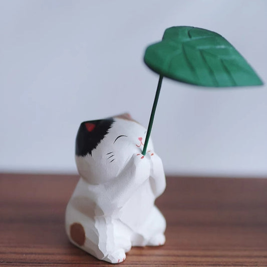 Leaf Umbrella Cat Wooden Figurine