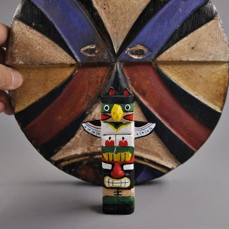 Miniature totem pole figurine with painted shield backdrop