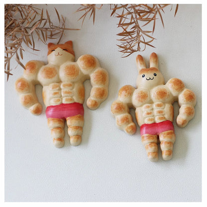 Muscle bread bunny and cat fridge magnets pair