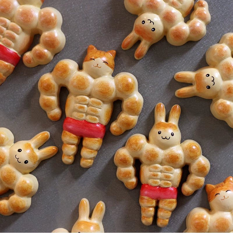 Muscle bread bunny and cat fridge magnets