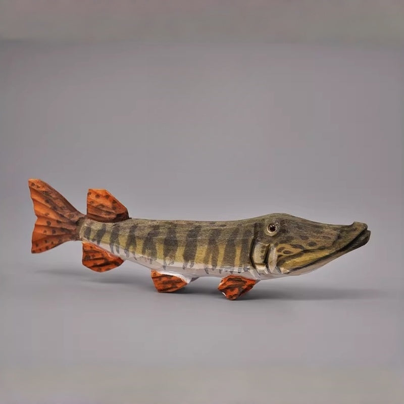 Pike wooden fish figurine profile view