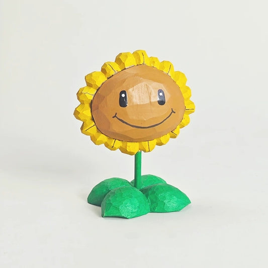 Plants vs Zombies Sunflower figure in hand-painted wood with a smiling face and green leafy base