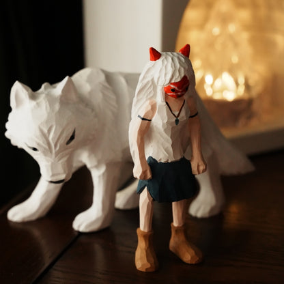 Princess Mononoke wooden figurine displayed indoors with wolf companion