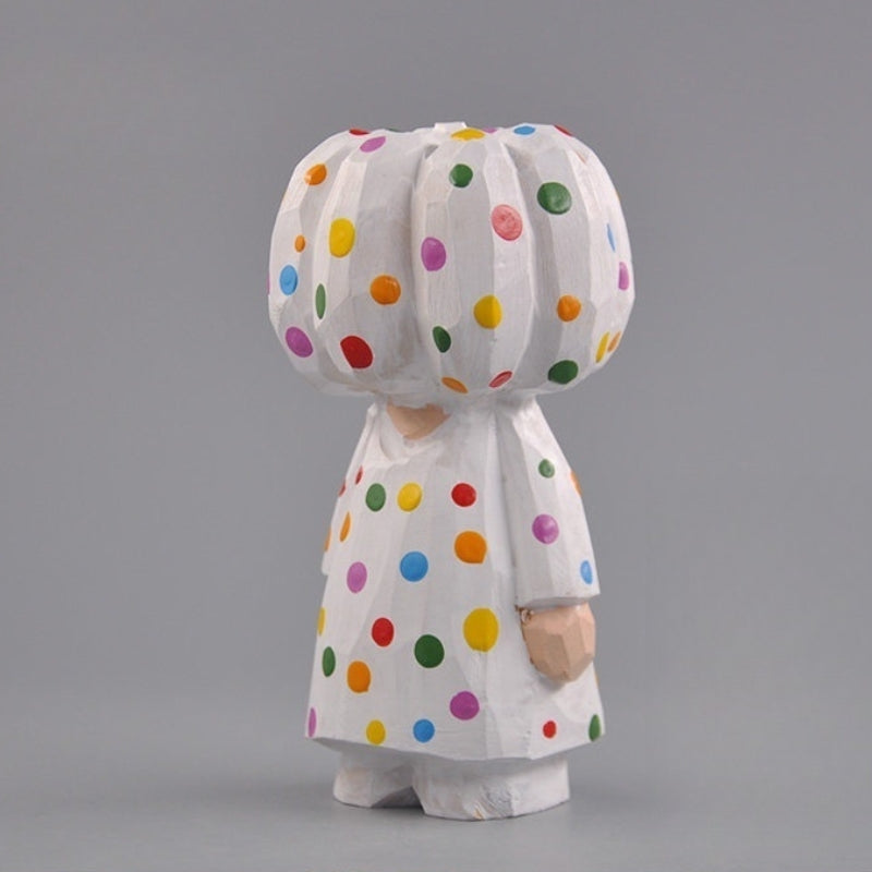 Multicolor polka dot pumpkin head wooden figurine