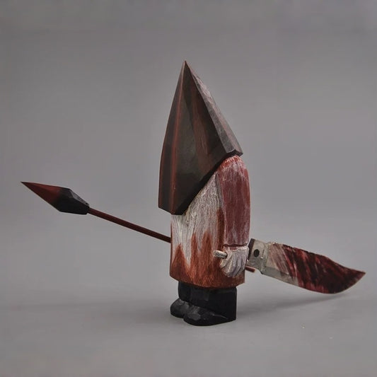 Pyramid Head wooden statue with spear and knife side view