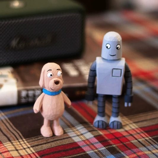 Dog and robot wooden figures standing together