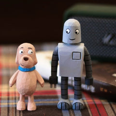Robot and dog wooden figures front view