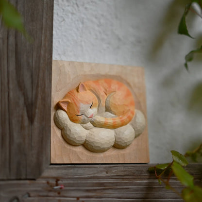 Sleeping cat cloud wood carving outdoor scene