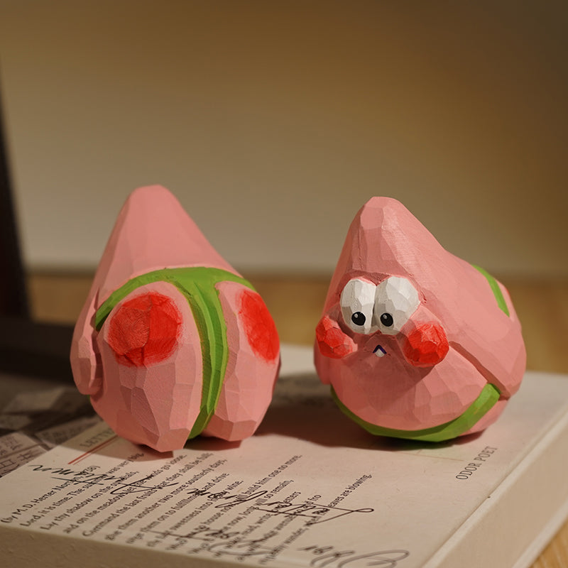 Whimsical Patrick hand-carved statues in vibrant colors.