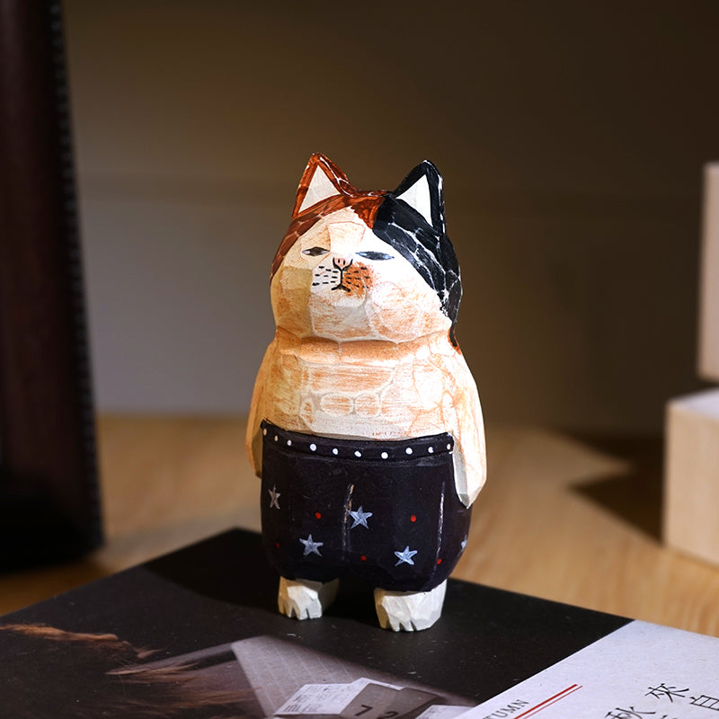 Star Pants Cat vintage cat figurine, hand-carved wooden sculpture