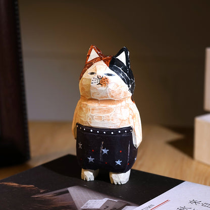 Star Pants Cat vintage cat figurine, hand-carved wooden sculpture