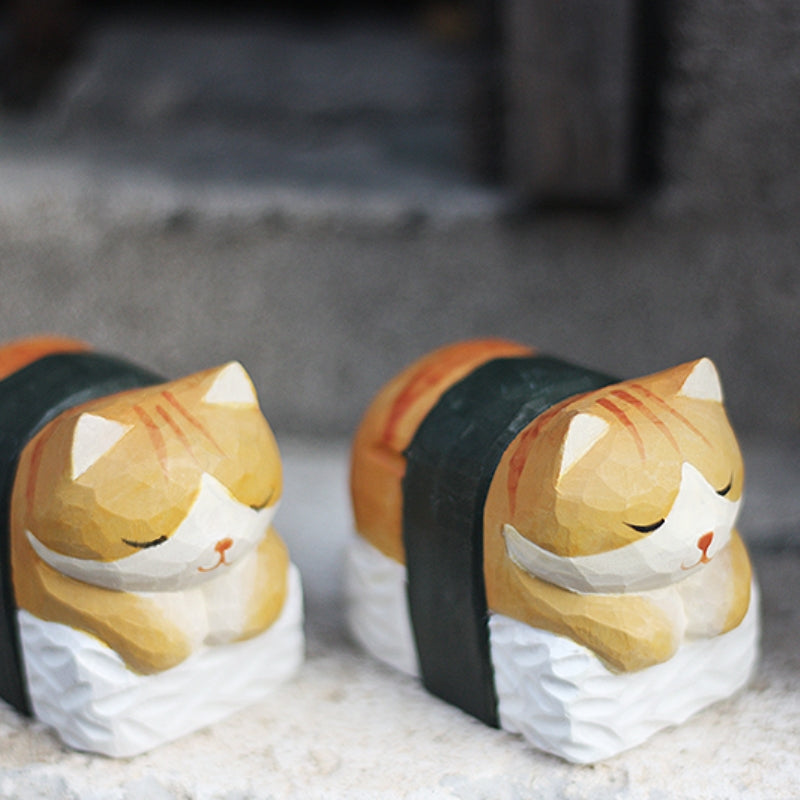 Sushi sleeping cat sculpture, a hand-painted wooden figure