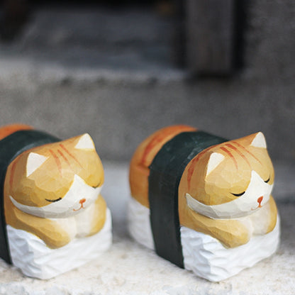 Sushi sleeping cat sculpture, a hand-painted wooden figure