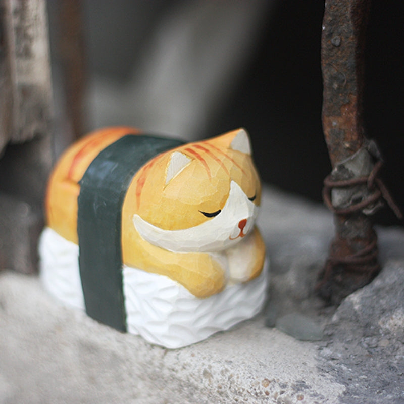 Sushi sleeping cat figure, cute wooden animal