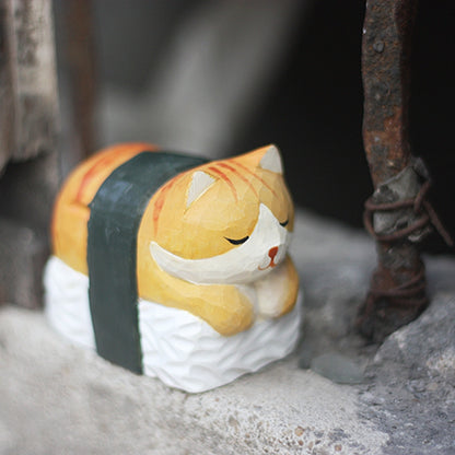 Sushi sleeping cat figure, cute wooden animal