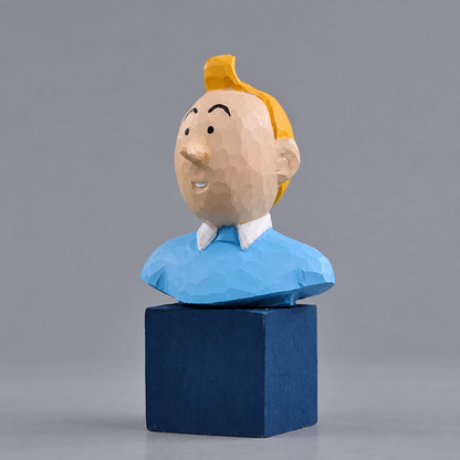 Tintin bust carved in wood with yellow hair and a blue sweater on a dark blue display stand