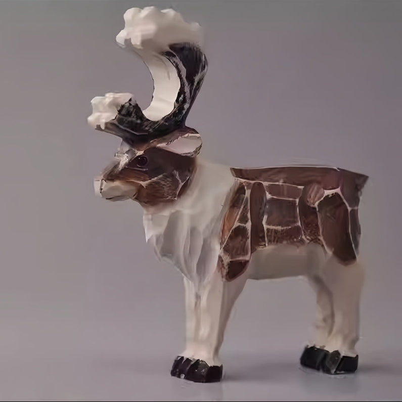 Hand-carved vintage reindeer figurine with large antlers and a distressed brown-and-white finish