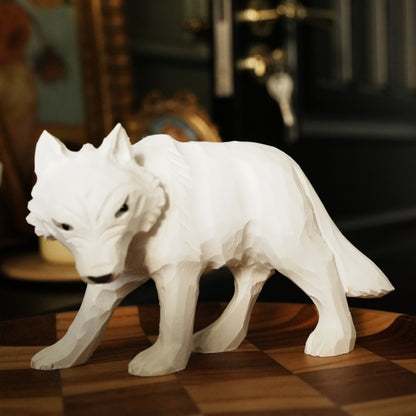 hand carved wooden white wolf figurine side view
