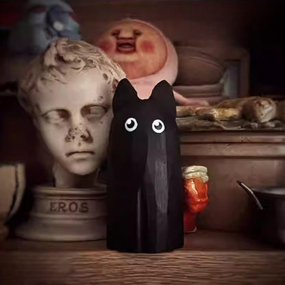 wooden black cat figurine display