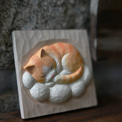 Wooden cat wall decor orange cloud relief panel