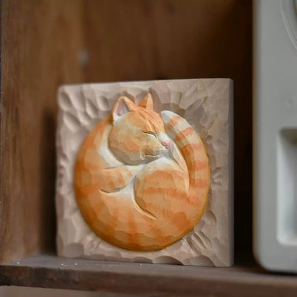 Wooden cat wall decor sleeping cat relief on shelf