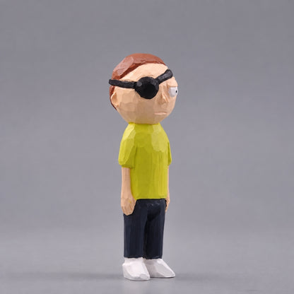Wooden Evil Morty viewed from the eyepatch side, with carved yellow sleeves and white shoes