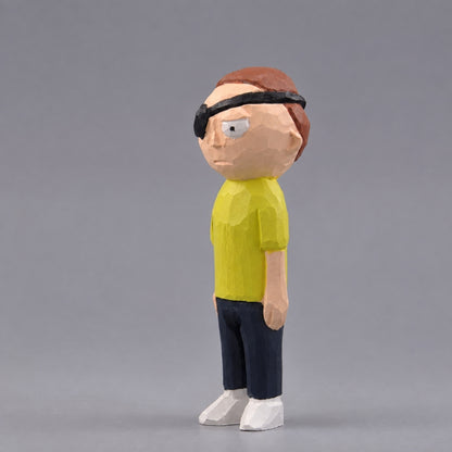 Hand-painted wooden Evil Morty viewed from the opposite side, showing his uncovered eye and straight stance