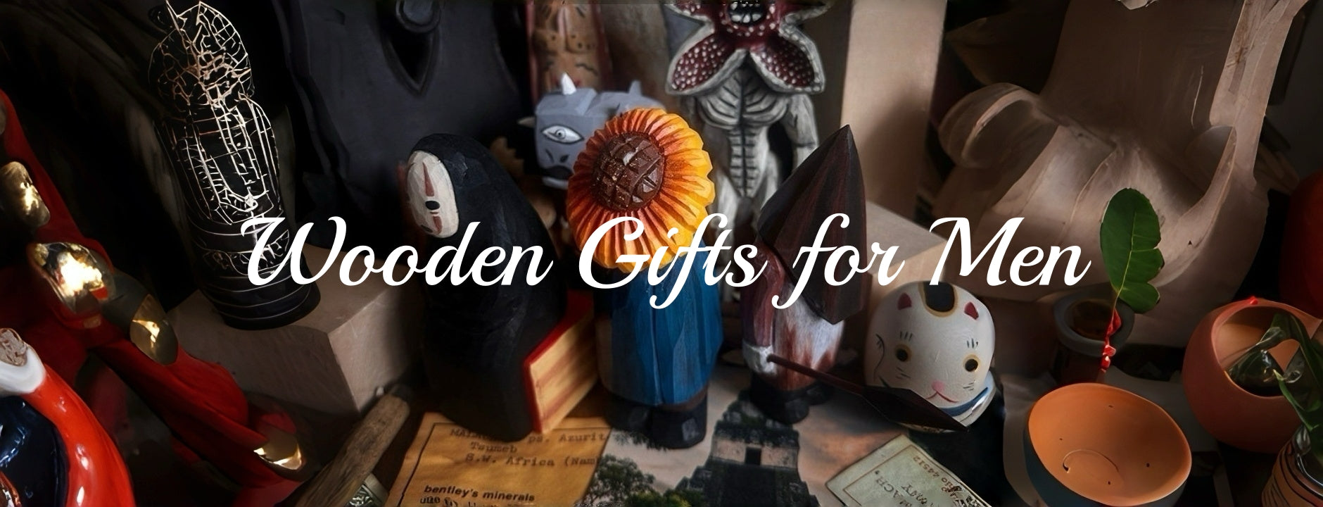 Collection of unique hand-carved wooden figurines, featured in the “Wooden Gifts for Men” category banner to highlight thoughtful, artistic gift ideas.