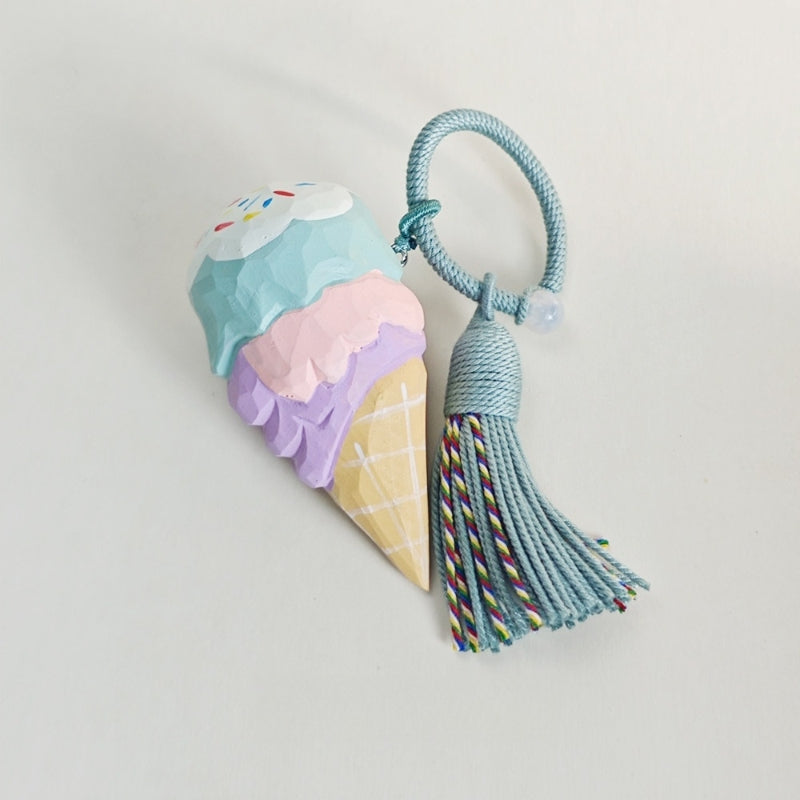 Wooden ice cream keychain with tassel