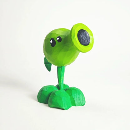 Wooden Peashooter viewed from a low angle, showing the black mouth and painted eyes