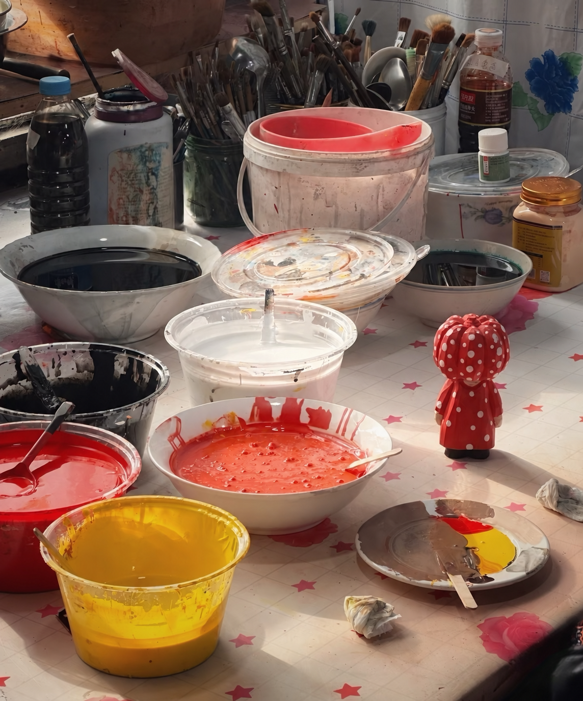 A red wooden figure with white spots among brushes and bowls of paint
