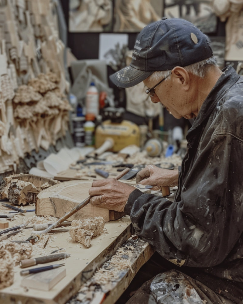 A wood carver from the Wooden Smile studio