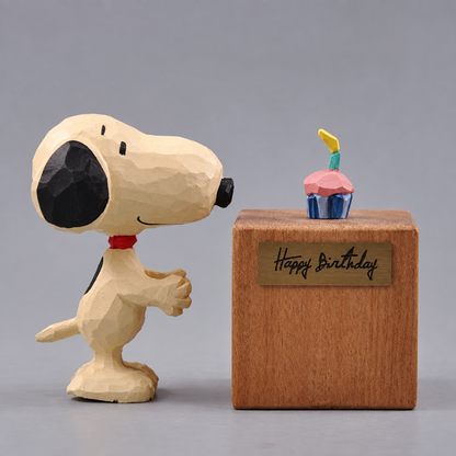Wooden Snoopy standing beside a separate Happy Birthday display block with the removable cupcake on top